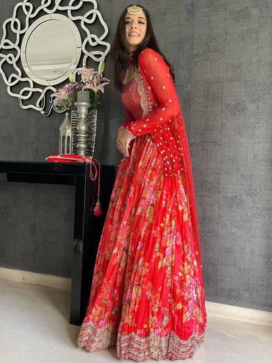 Charming Red Thread Embroidered Georgette Lehenga Choli With Jacket - Ethnic Plus In